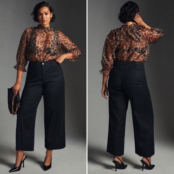 Maeve Pants - Maeve by Anthropologie Colette Linen Blend Cropped Wide-Leg Pants in Black Size